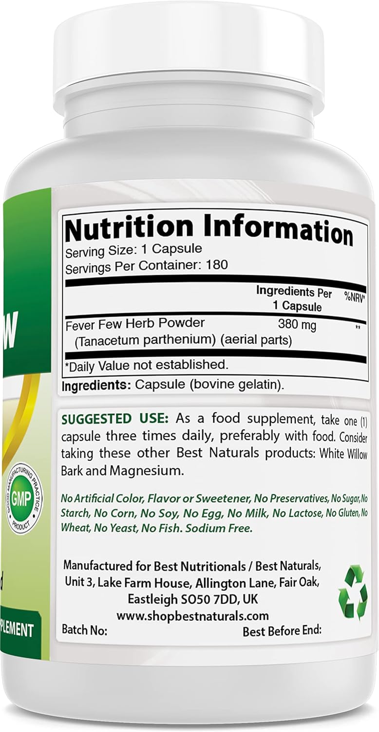 High Potency Feverfew Supplement - 380 mg, 180 Capsules - All-Natural Formula for Headache Relief and Overall Wellness