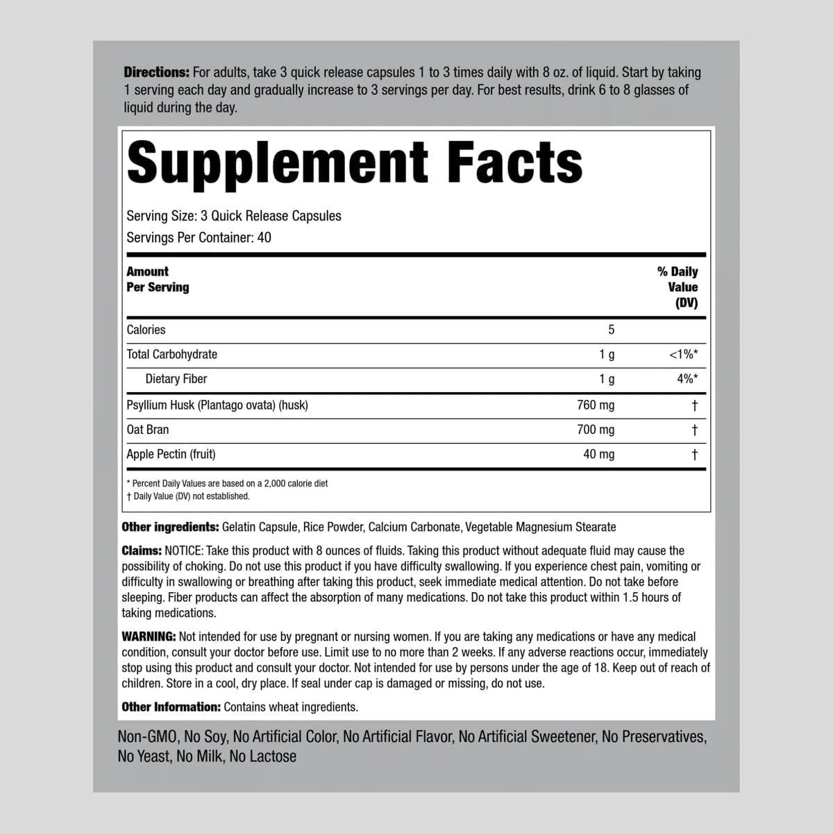 High Potency Fiber Complex Supplement | 1500mg | 120 Capsules | Psyllium, Oat Bran, Apple Pectin | Triple Action Pills | Non-GMO, Gluten Free