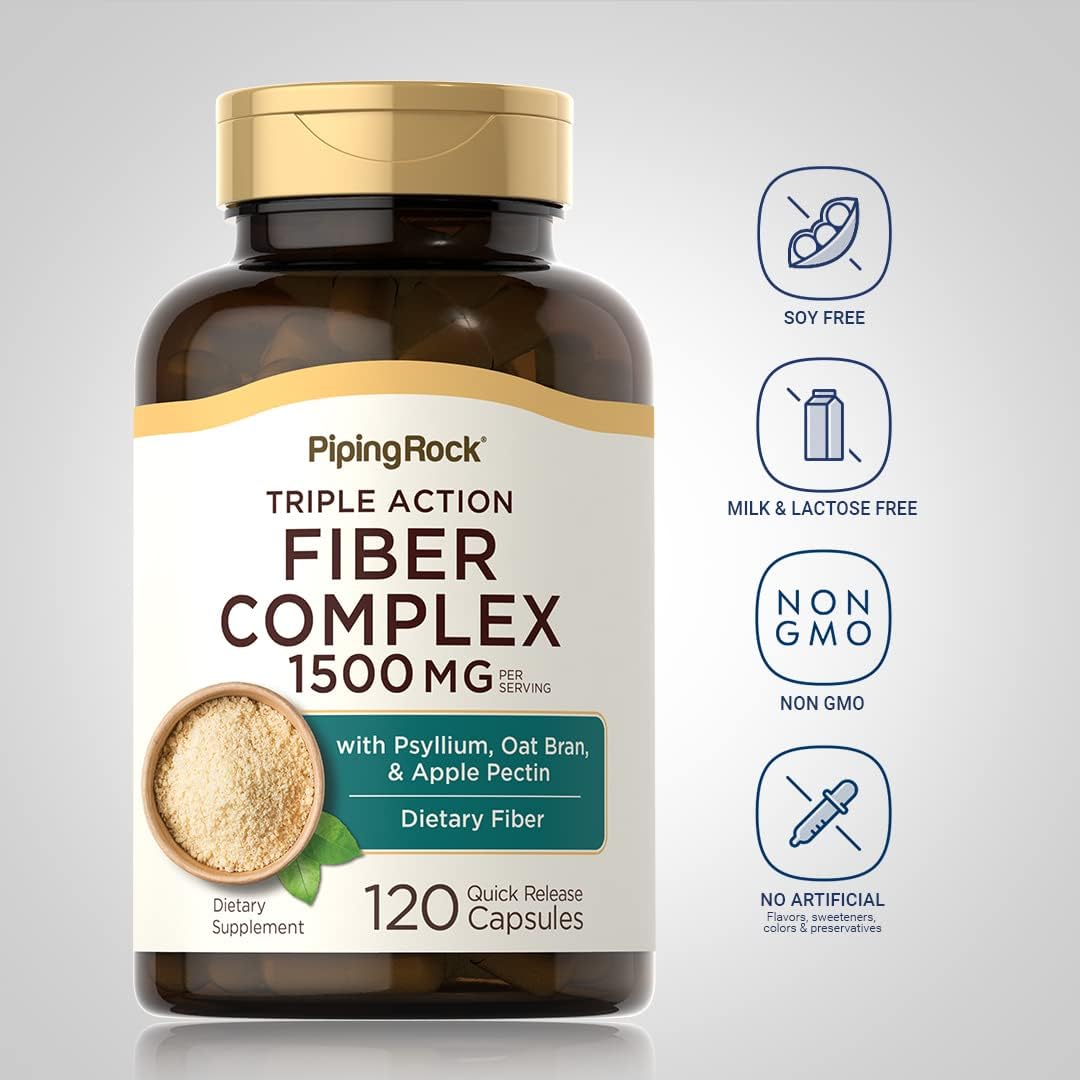 High Potency Fiber Complex Supplement | 1500mg | 120 Capsules | Psyllium, Oat Bran, Apple Pectin | Triple Action Pills | Non-GMO, Gluten Free