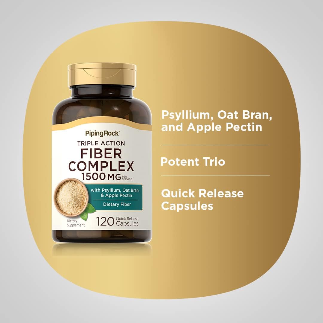 High Potency Fiber Complex Supplement | 1500mg | 120 Capsules | Psyllium, Oat Bran, Apple Pectin | Triple Action Pills | Non-GMO, Gluten Free