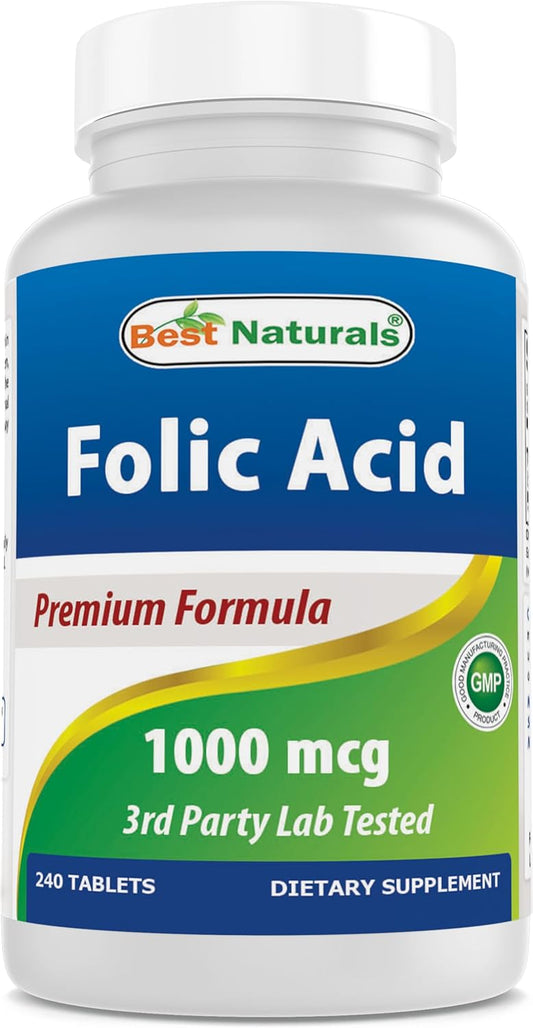 High Potency Folic Acid 1000 mcg (Vitamin B9) Tablets - 240 Count for Optimal Health