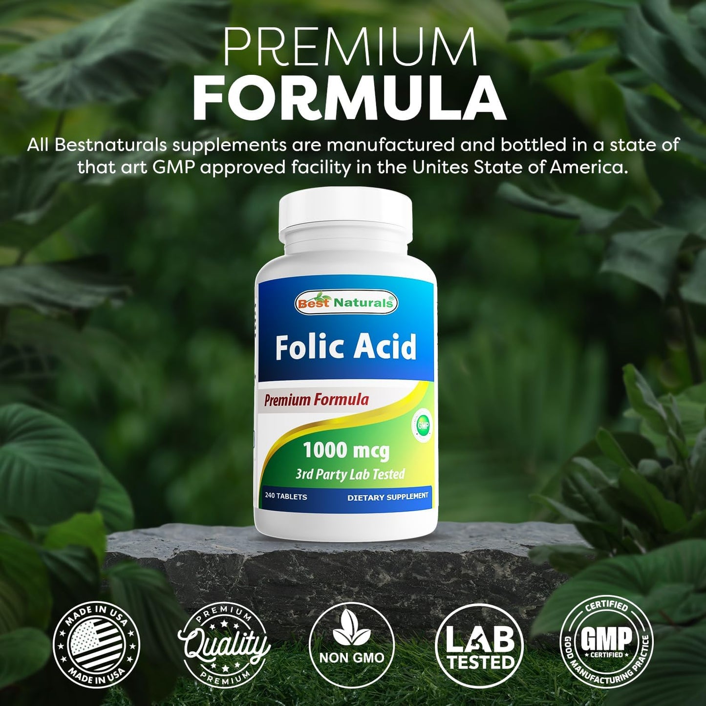 High Potency Folic Acid 1000 mcg (Vitamin B9) Tablets - 240 Count for Optimal Health