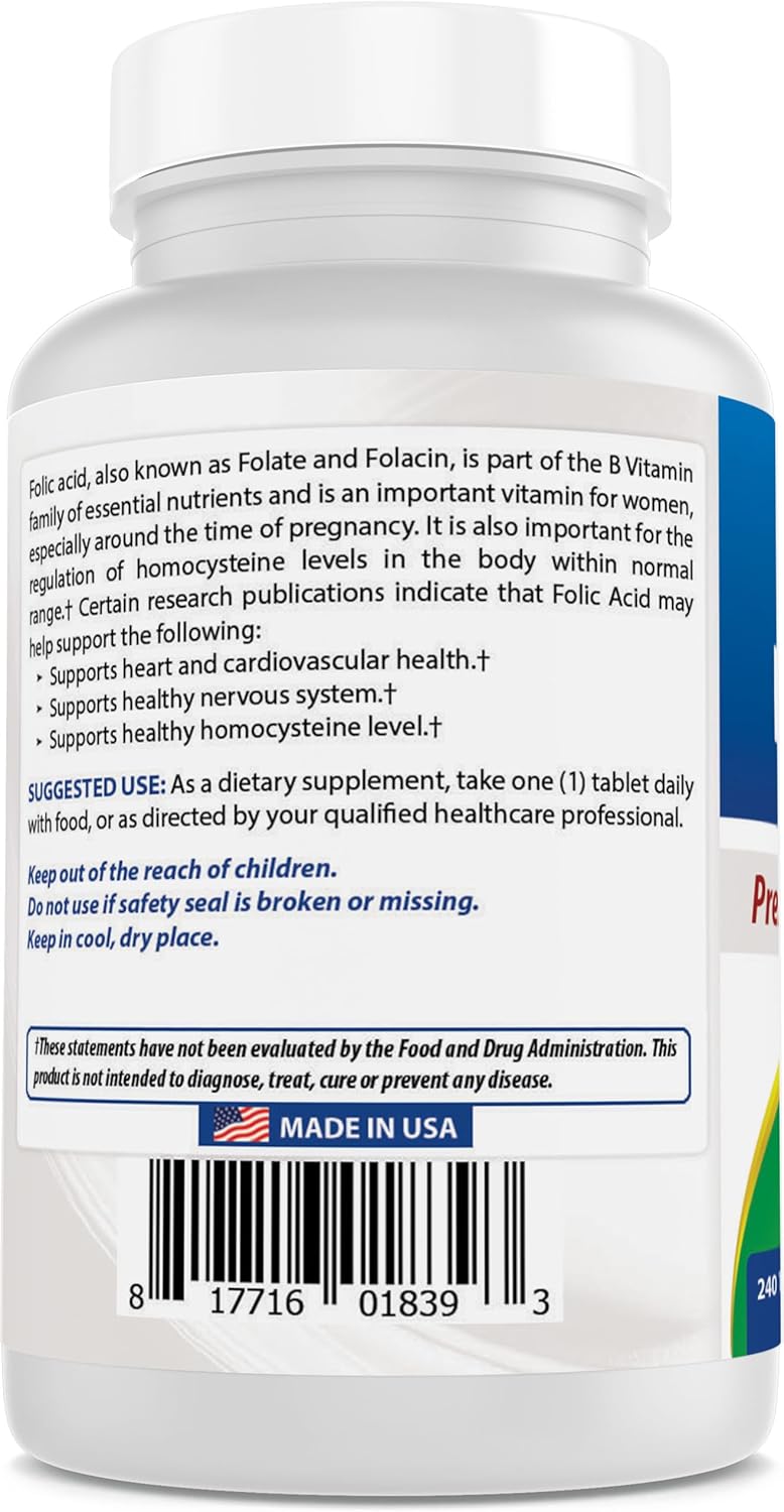 High Potency Folic Acid 1000 mcg (Vitamin B9) Tablets - 240 Count for Optimal Health