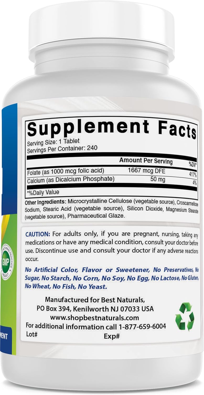 High Potency Folic Acid 1000 mcg (Vitamin B9) Tablets - 240 Count for Optimal Health