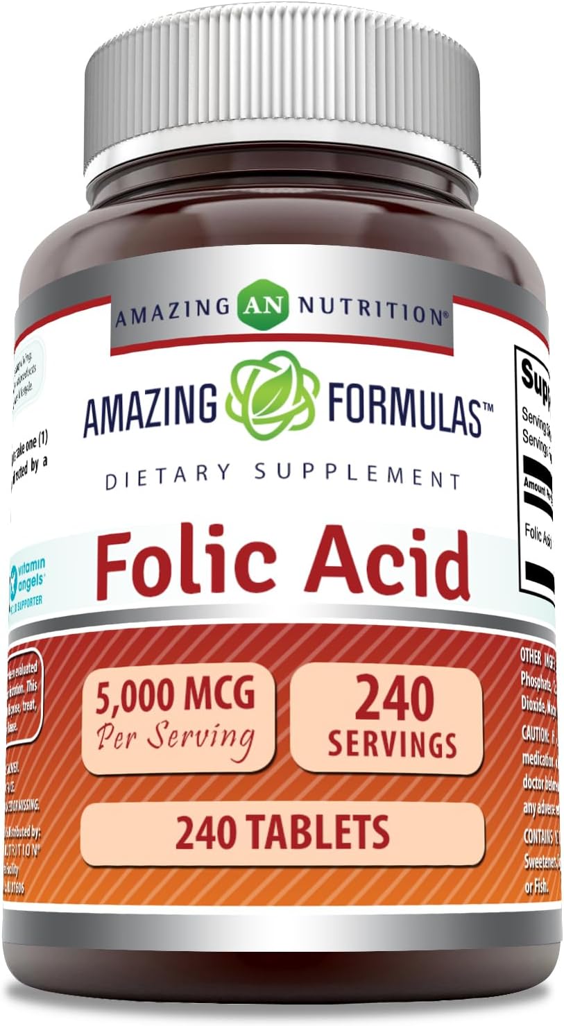 High Potency Folic Acid Supplement 5000 Mcg Tablets | Non-GMO Gluten Free | Made in USA (240 Count)