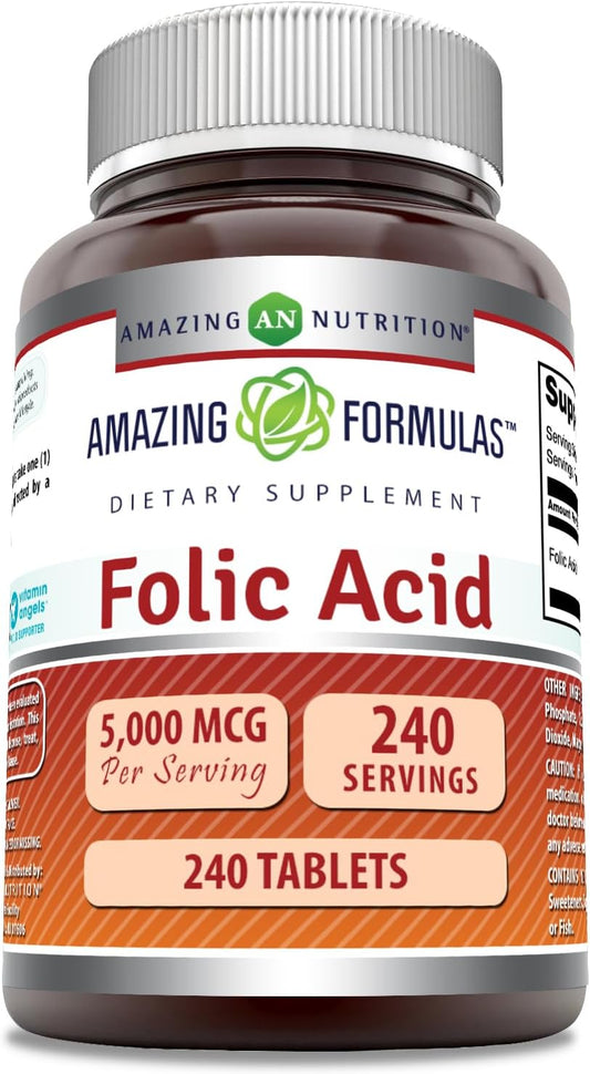 High Potency Folic Acid Supplement 5000 Mcg Tablets | Non-GMO Gluten Free | Made in USA (240 Count)