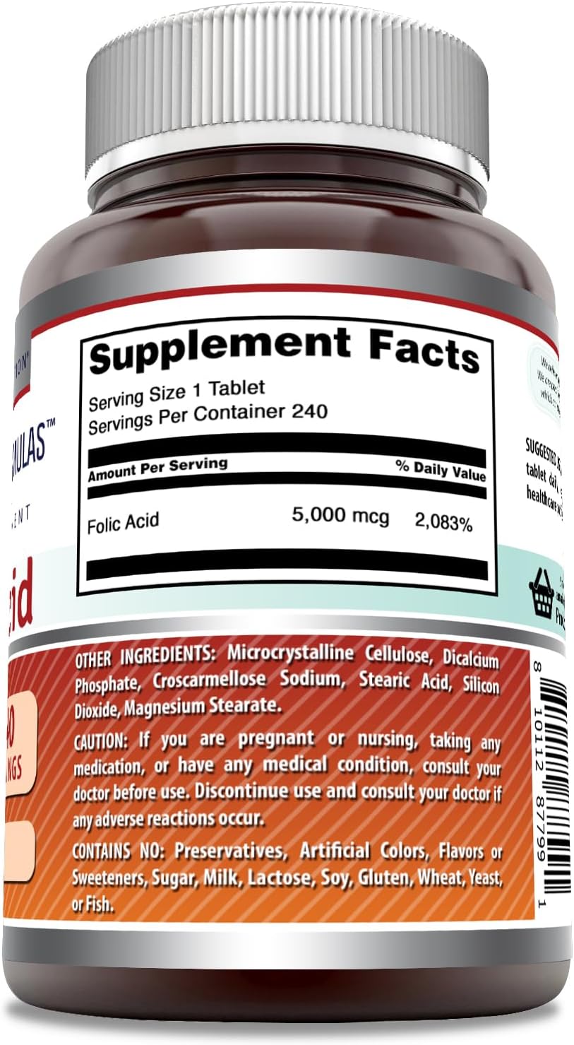 High Potency Folic Acid Supplement 5000 Mcg Tablets | Non-GMO Gluten Free | Made in USA (240 Count)