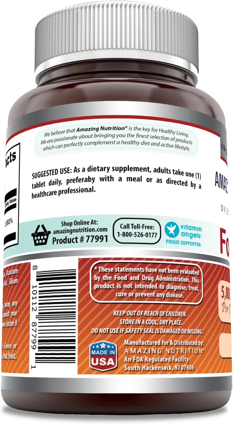 High Potency Folic Acid Supplement 5000 Mcg Tablets | Non-GMO Gluten Free | Made in USA (240 Count)
