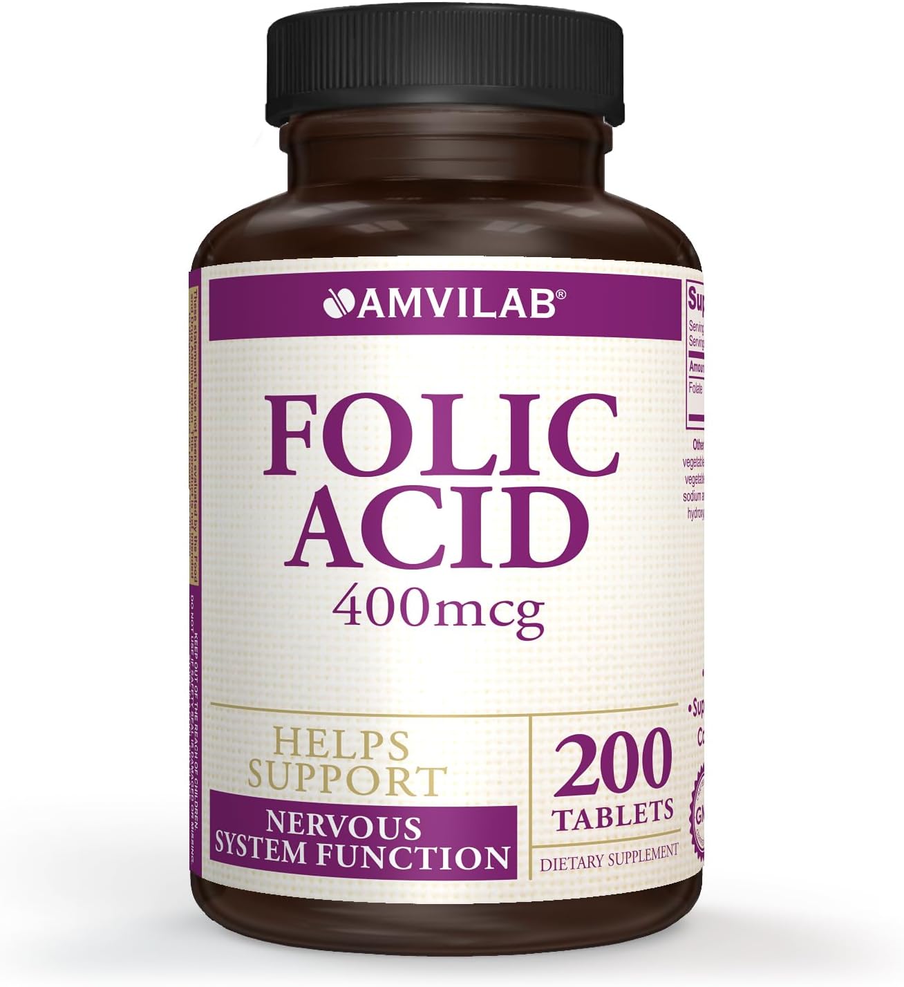 High Potency Folic Acid Supplement for Nervous System Support - 200 Tablets, 200 Day Supply