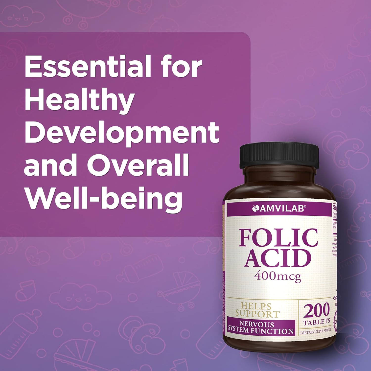 High Potency Folic Acid Supplement for Nervous System Support - 200 Tablets, 200 Day Supply