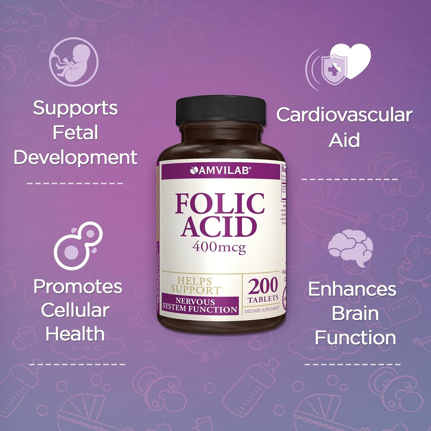 High Potency Folic Acid Supplement for Nervous System Support - 200 Tablets, 200 Day Supply