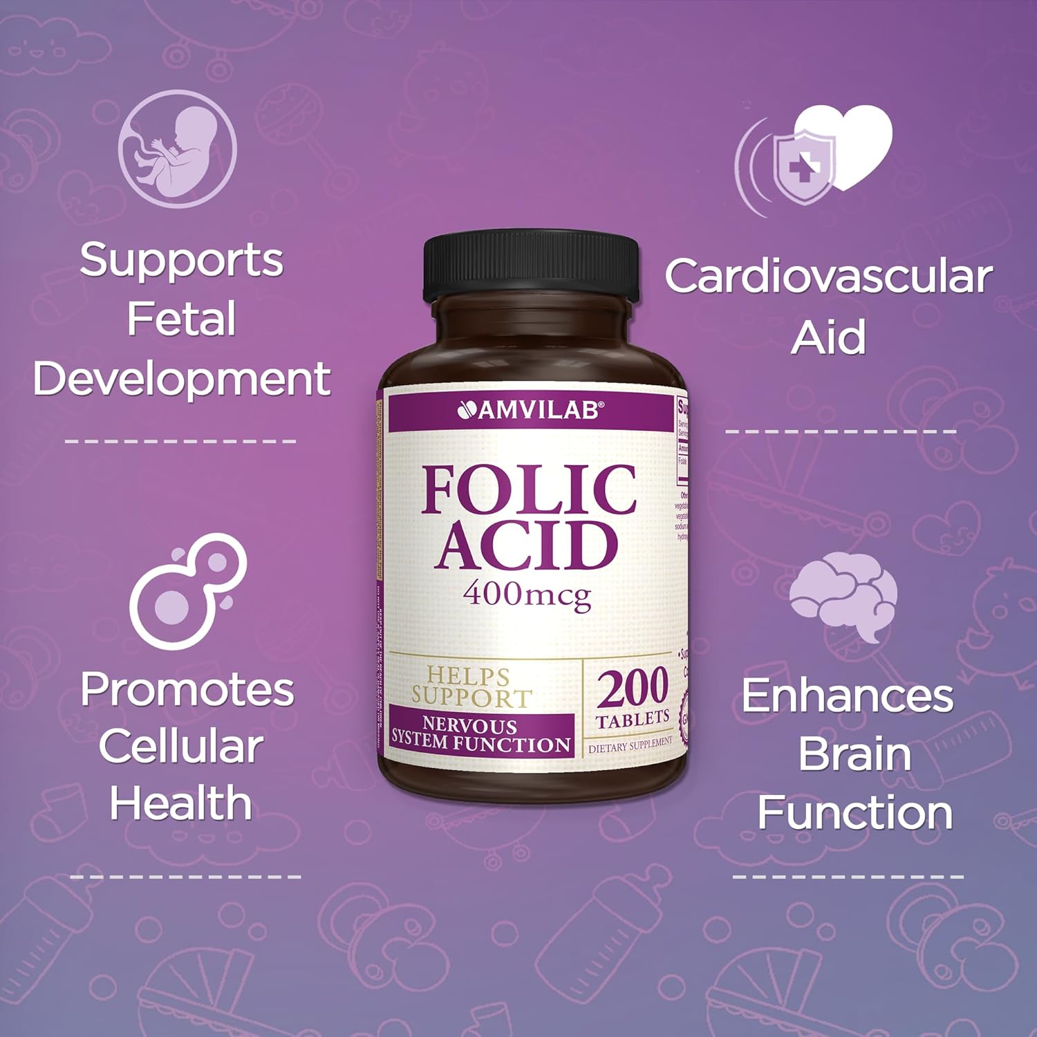 High Potency Folic Acid Supplement for Nervous System Support - 200 Tablets, 200 Day Supply
