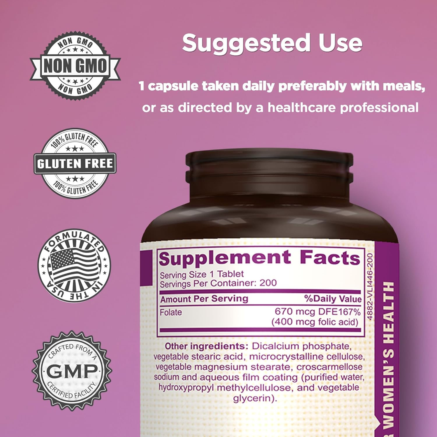 High Potency Folic Acid Supplement for Nervous System Support - 200 Tablets, 200 Day Supply