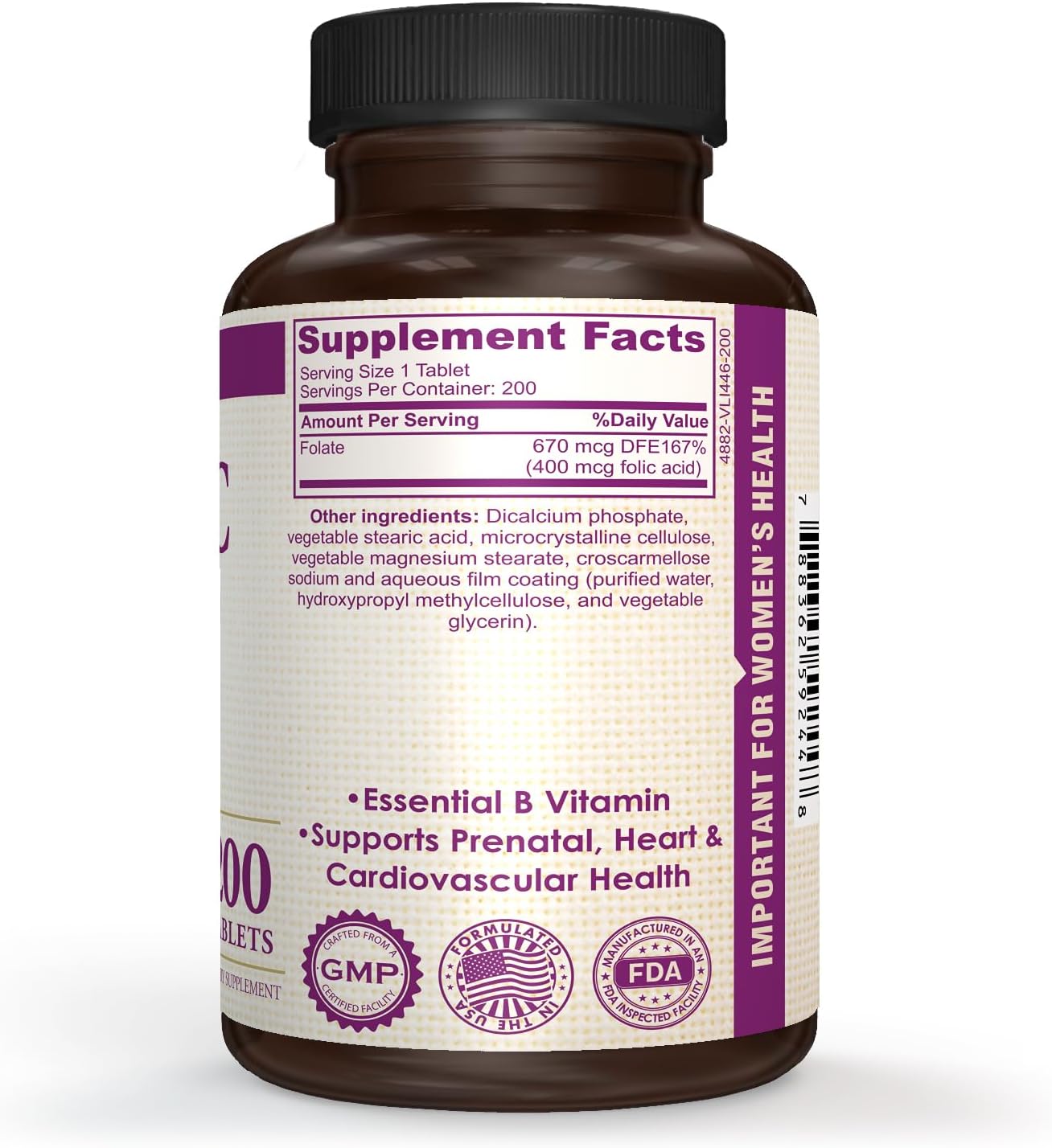High Potency Folic Acid Supplement for Nervous System Support - 200 Tablets, 200 Day Supply