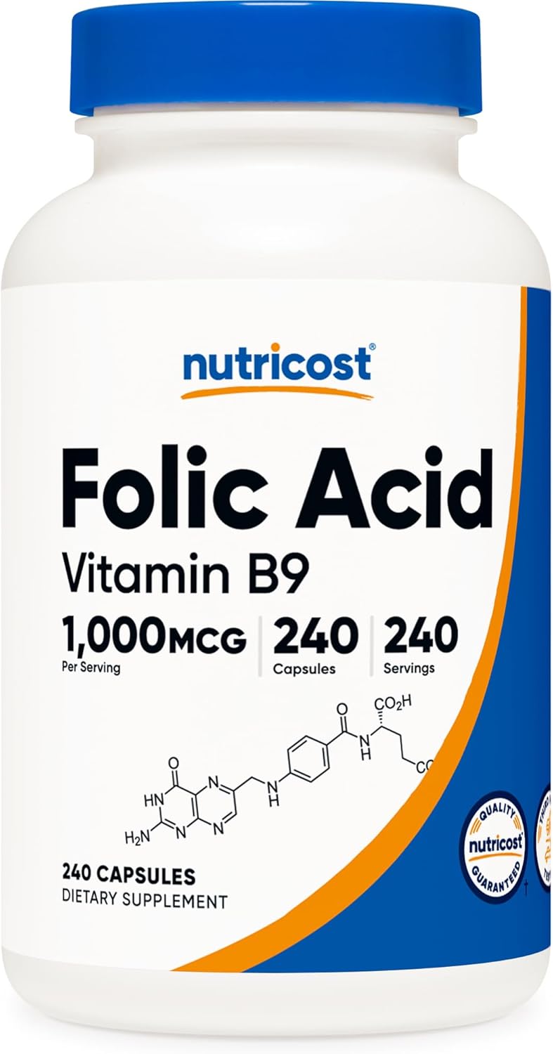 High Potency Folic Acid (Vitamin B9) 1000 mcg Dietary Supplement - 240 Capsules by Nutricost