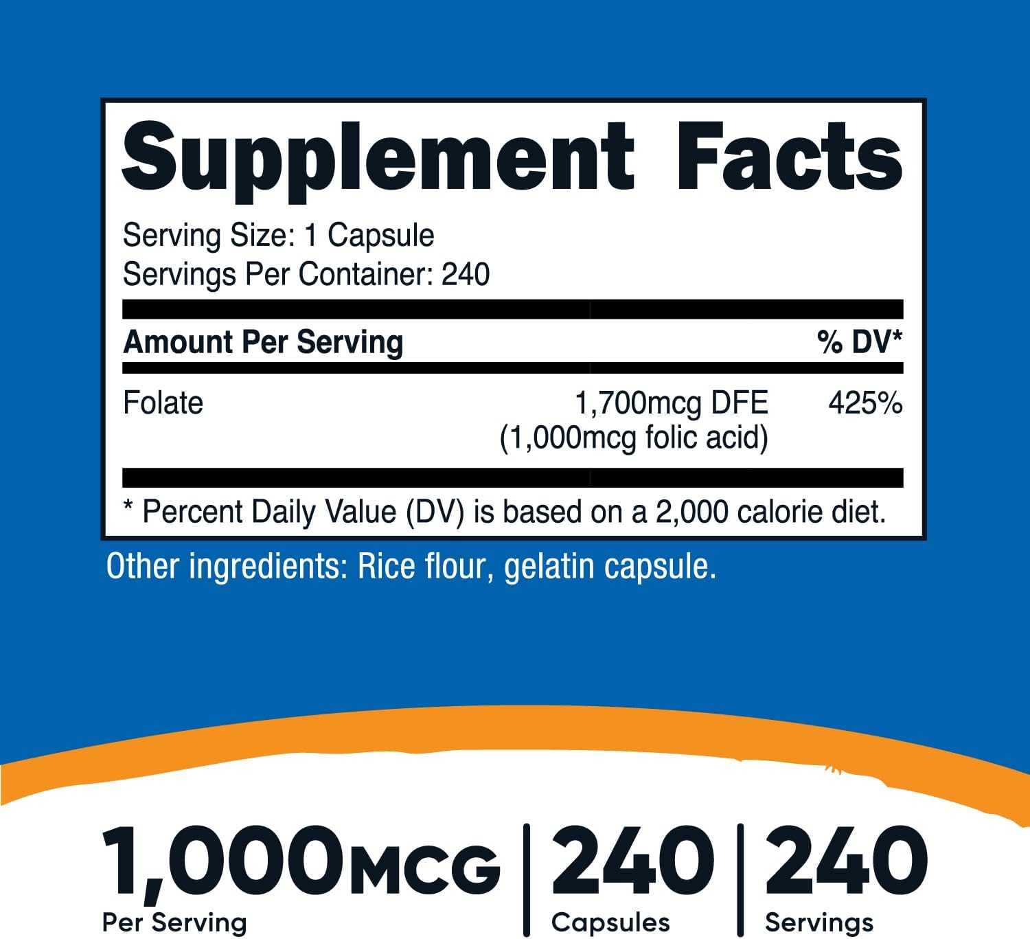 High Potency Folic Acid (Vitamin B9) 1000 mcg Dietary Supplement - 240 Capsules by Nutricost