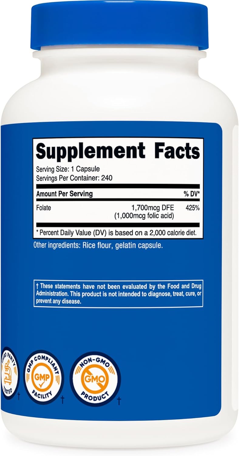 High Potency Folic Acid (Vitamin B9) 1000 mcg Dietary Supplement - 240 Capsules by Nutricost