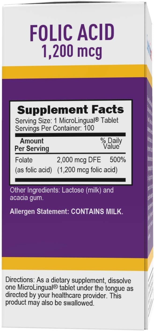 High Potency Folic Acid Vitamin B9 1200 mcg Sublingual Tablets, 100 Count