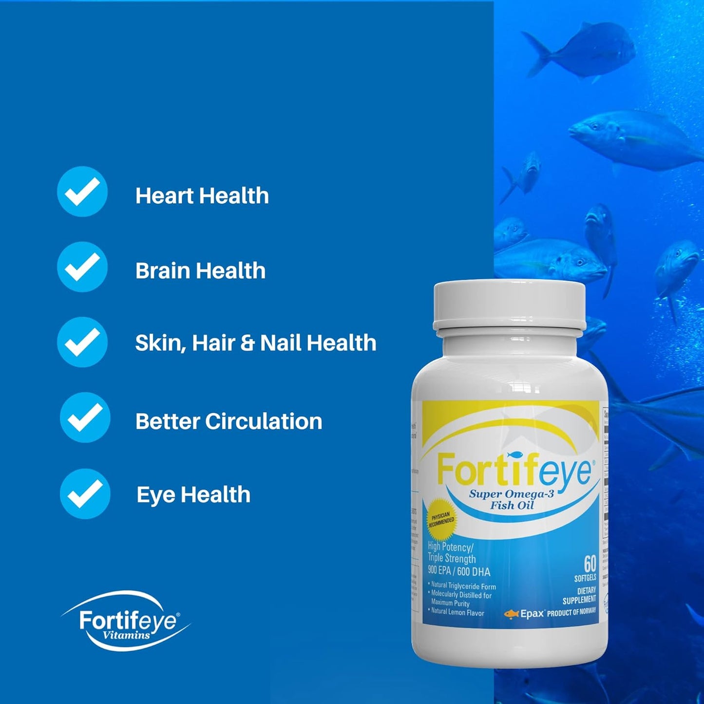 High-Potency Fortifeye Super Omega-3 Fish Oil Supplement - 1600 mg Omega 3 with EPA and DHA - Natural Lemon Flavor - 30 Servings