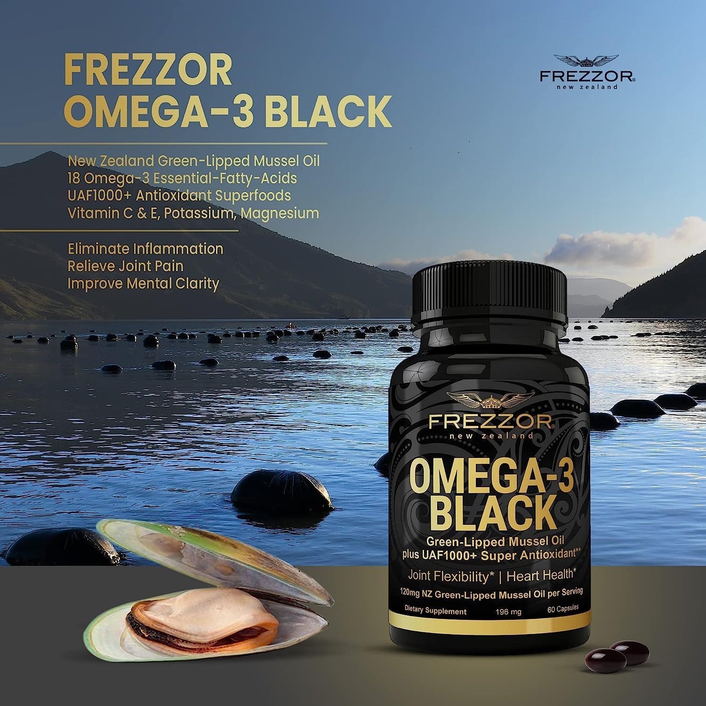 High Potency FREZZOR Omega 3 Black Green Lipped Mussel Oil Softgels & Bone Broth Protein Combo for Joint Comfort & Mobility, 2 Bottles, 60 Softgels