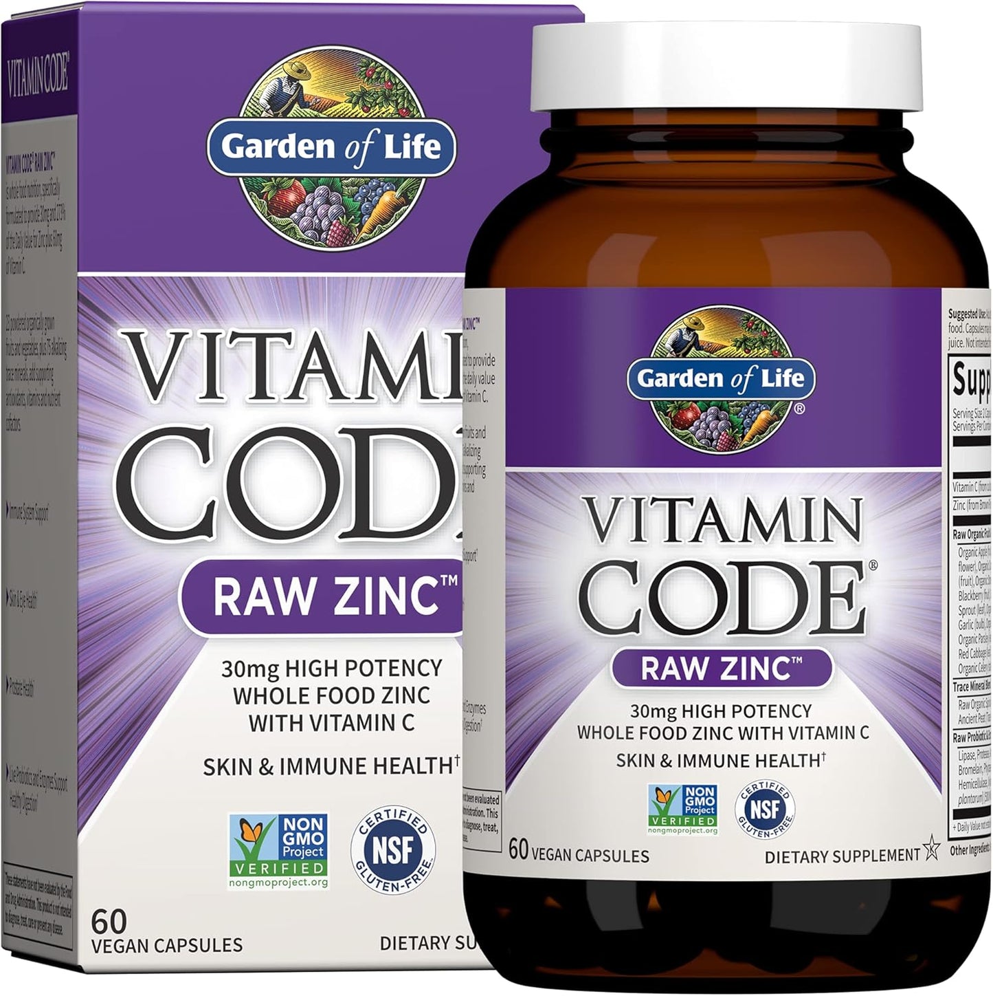 High Potency Garden of Life Zinc Supplements with Vitamin C - 30mg Raw Zinc Multimineral Supplement for Skin Health & Immune Support - 60 Vegan Capsules