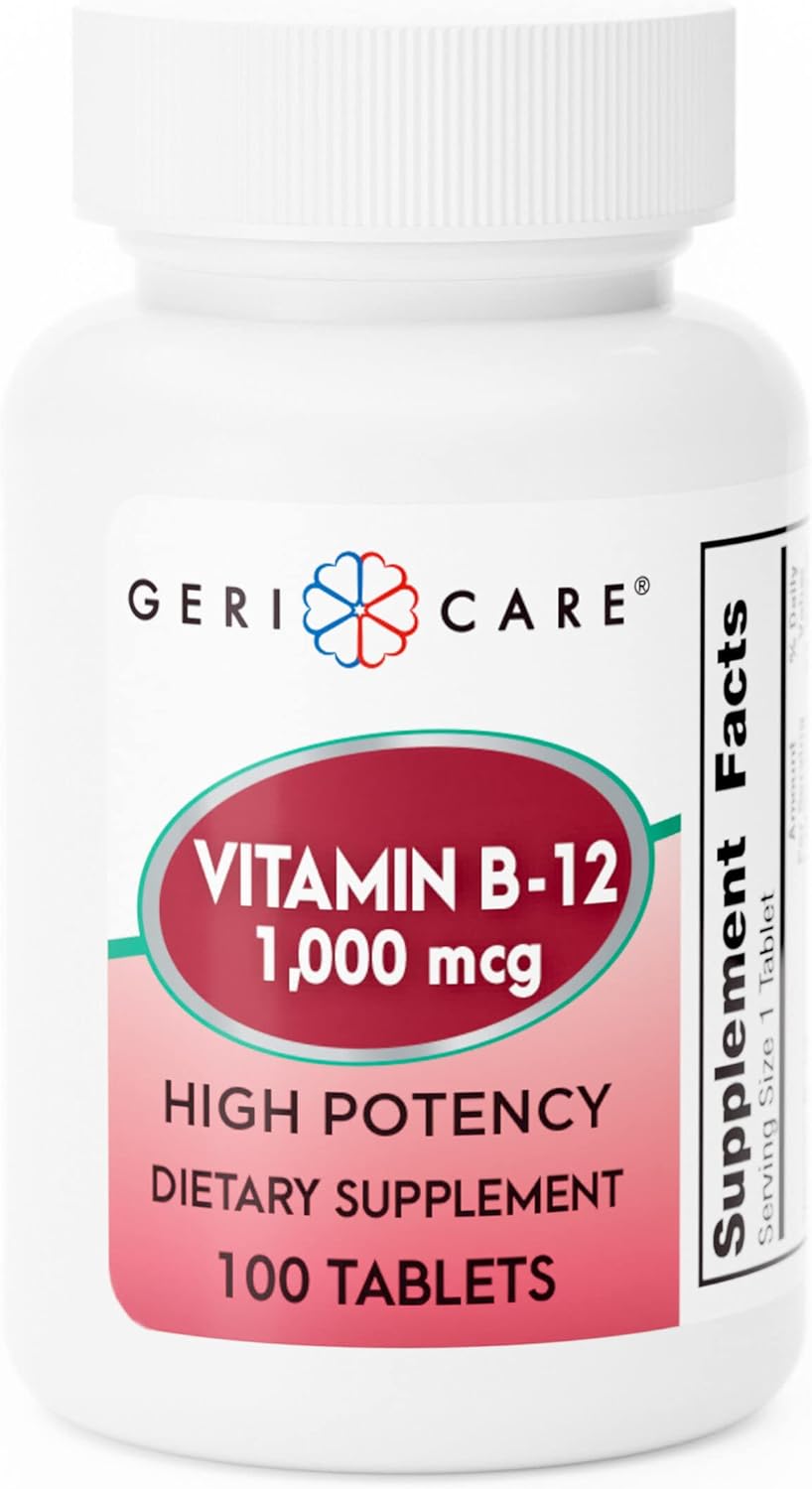 High Potency GeriCare Vitamin B-12 1000mcg Tablets, 100 Count - Dietary Supplement