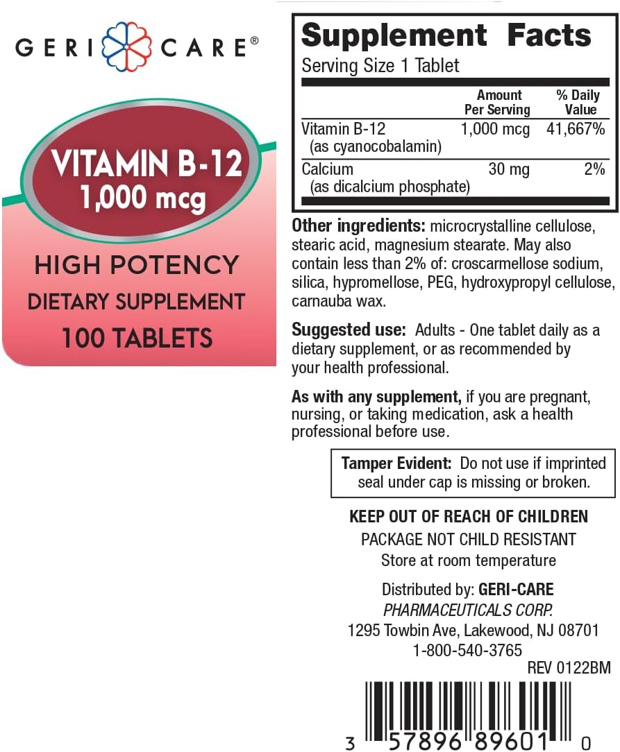 High Potency GeriCare Vitamin B-12 1000mcg Tablets, 100 Count - Dietary Supplement