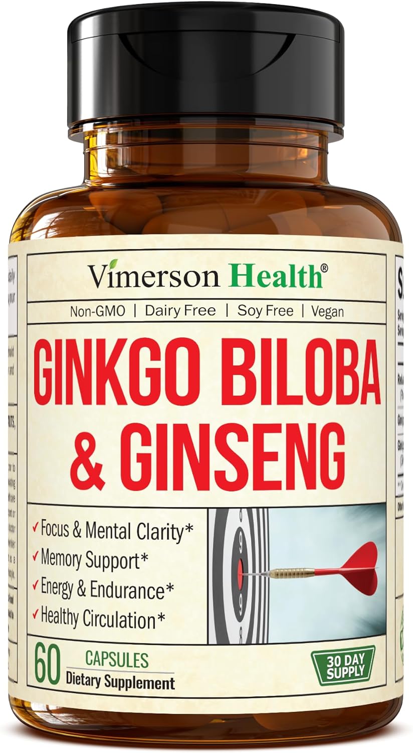 High Potency Ginseng & Ginkgo Biloba Nootropic Brain Support Supplement - Memory & Focus Boost - 800mg Panax Ginseng + 600mg Gingko + 120mg Ginkgo Biloba Extract - Vimerson Health