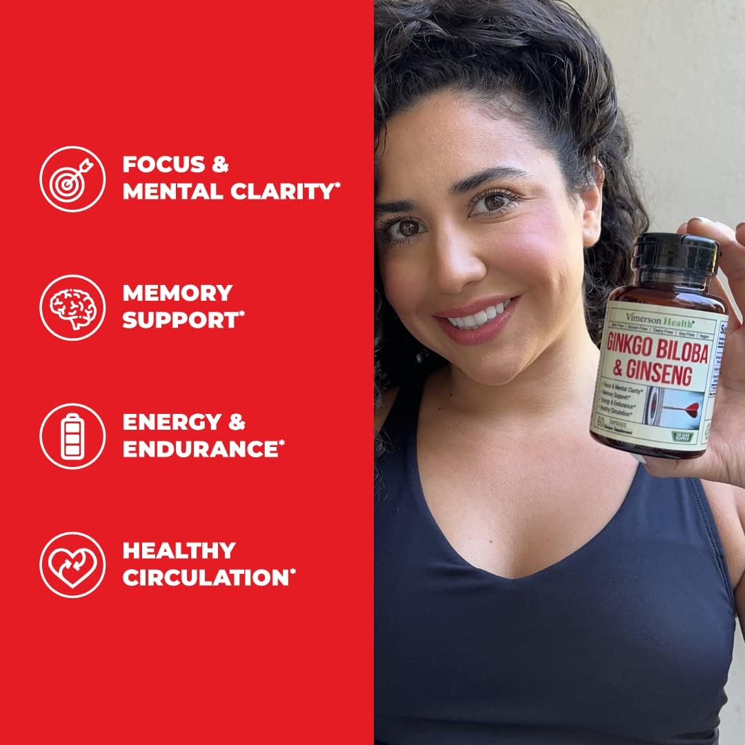 High Potency Ginseng & Ginkgo Biloba Nootropic Brain Support Supplement - Memory & Focus Boost - 800mg Panax Ginseng + 600mg Gingko + 120mg Ginkgo Biloba Extract - Vimerson Health