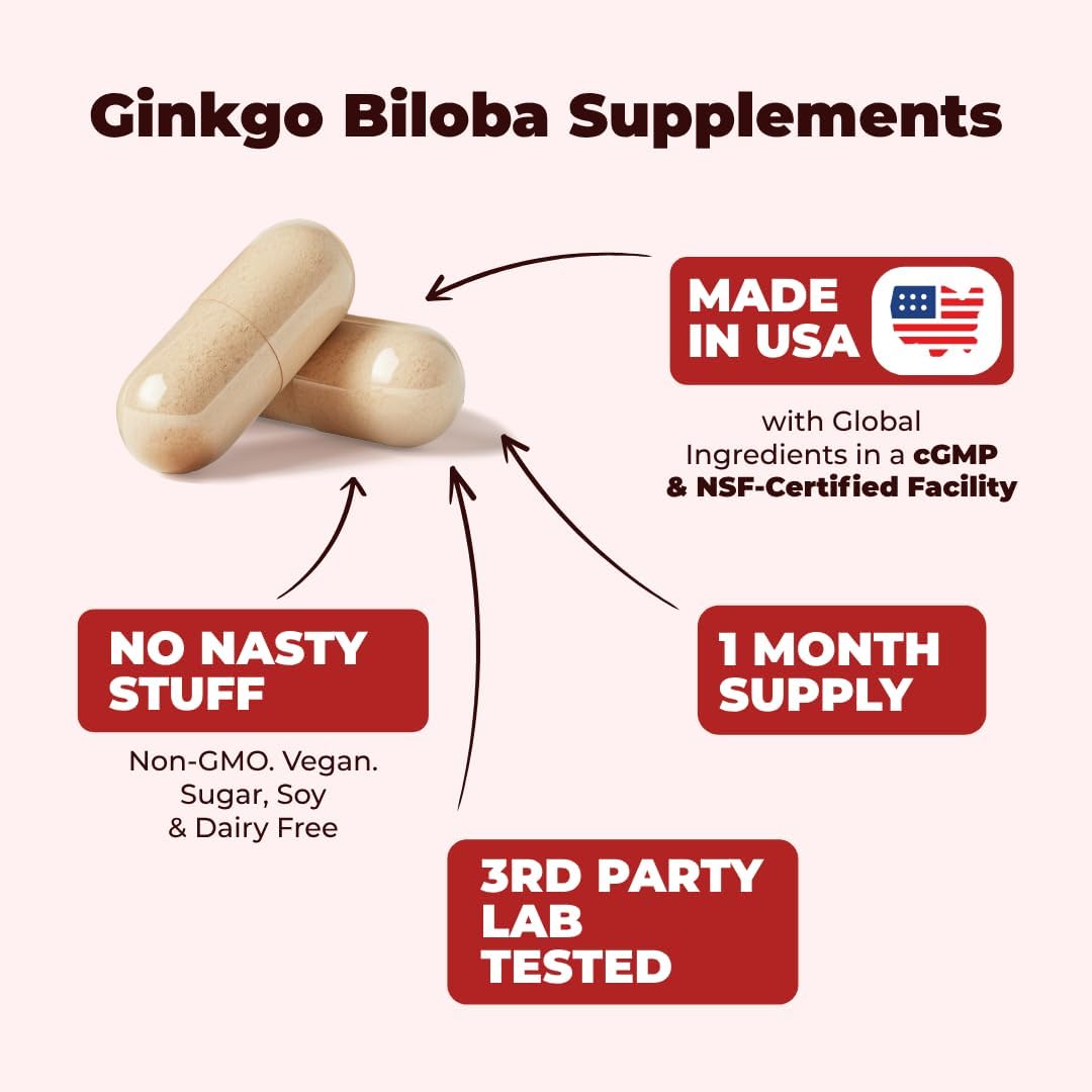 High Potency Ginseng & Ginkgo Biloba Nootropic Brain Support Supplement - Memory & Focus Boost - 800mg Panax Ginseng + 600mg Gingko + 120mg Ginkgo Biloba Extract - Vimerson Health