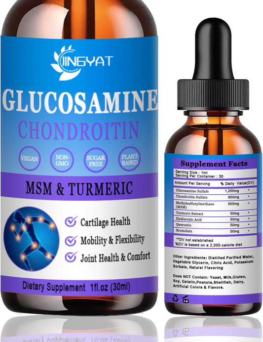 High Potency Glucosamine Chondroitin Liquid Drops with MSM, Turmeric, Hyaluronic Acid, Quercetin & Bromelain - 2000mg - Joint Health Supplement