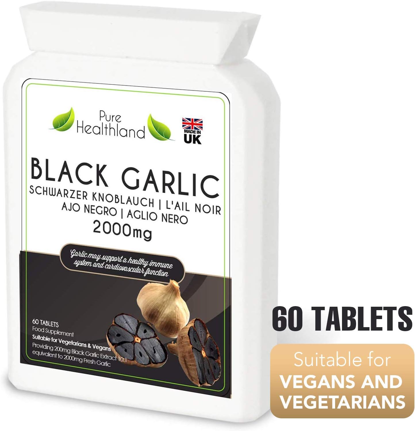 High Potency Gluten Free Black Garlic Supplement Pills, 2000mg Equivalent, Vegan/Vegetarian Tablets, Odorless, Made in UK - 1 Bottle