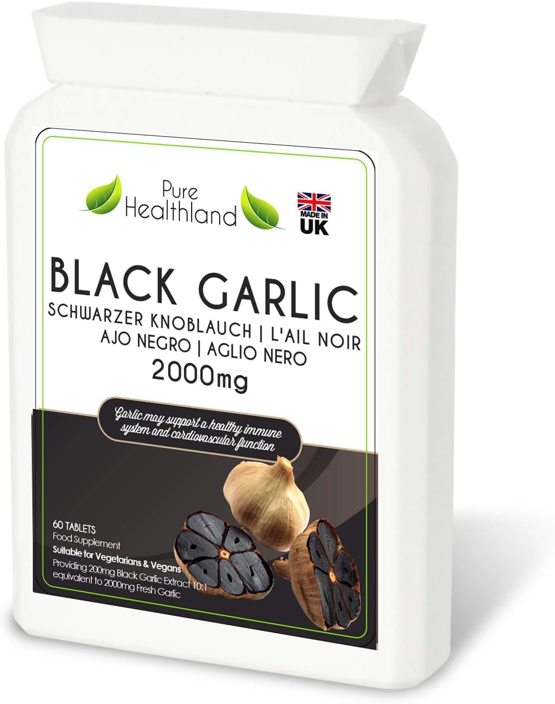 High Potency Gluten Free Black Garlic Supplement Pills, 2000mg Equivalent, Vegan/Vegetarian Tablets, Odorless, Made in UK - 1 Bottle