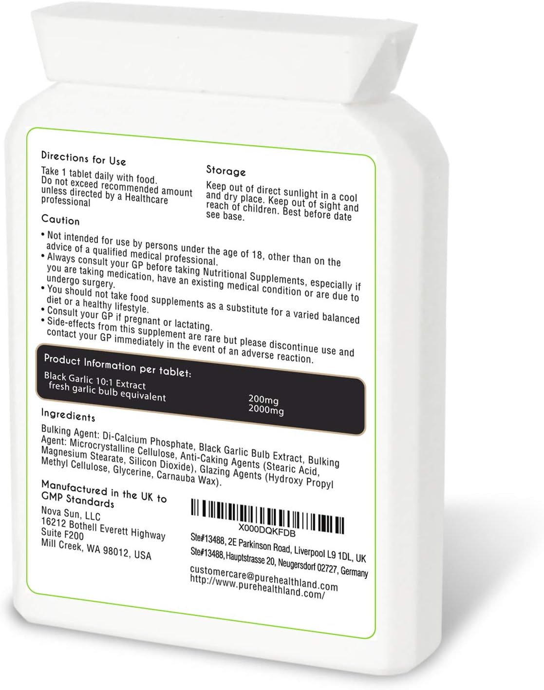 High Potency Gluten Free Black Garlic Supplement Pills, 2000mg Equivalent, Vegan/Vegetarian Tablets, Odorless, Made in UK - 1 Bottle