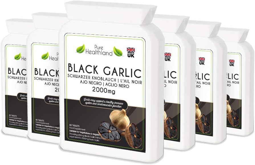 High Potency Gluten Free Black Garlic Supplement Pills, 2000mg Equivalent, Vegan/Vegetarian Tablets, Odorless, Made in UK - 1 Bottle
