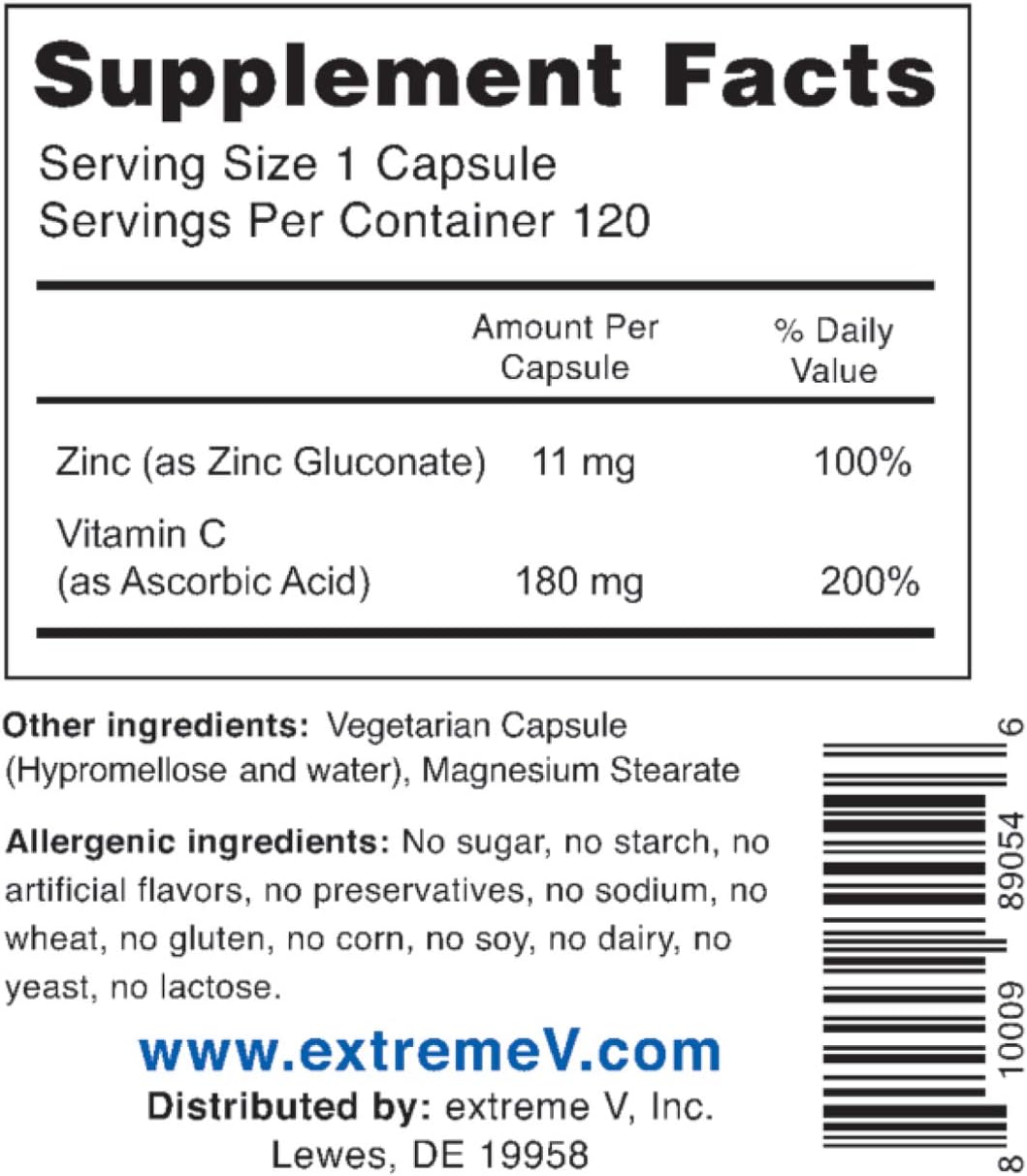 High Potency GluzinC 11MG Zinc + 180MG Vitamin C Capsules - 120 Vegetarian Capsules