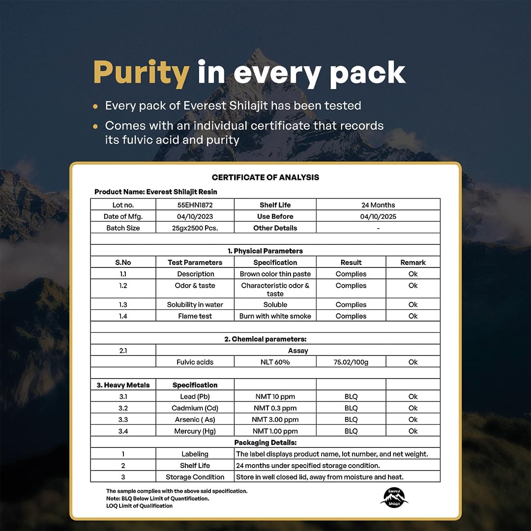 High Potency Gold Grade Everest Shilajit Resin for Men & Women | Pure Nepalese Shilajit with 85+ Trace Minerals | 75% Fulvic Acid | Lab Tested | 50 Servings, 25 GM