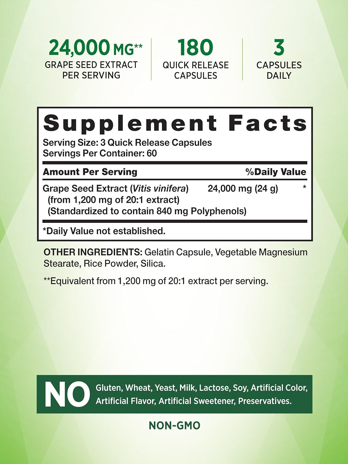 High Potency Grape Seed Extract Capsules - 24,000 mg | 180 Count | Non-GMO & Gluten Free Formula | Standardized Supplement