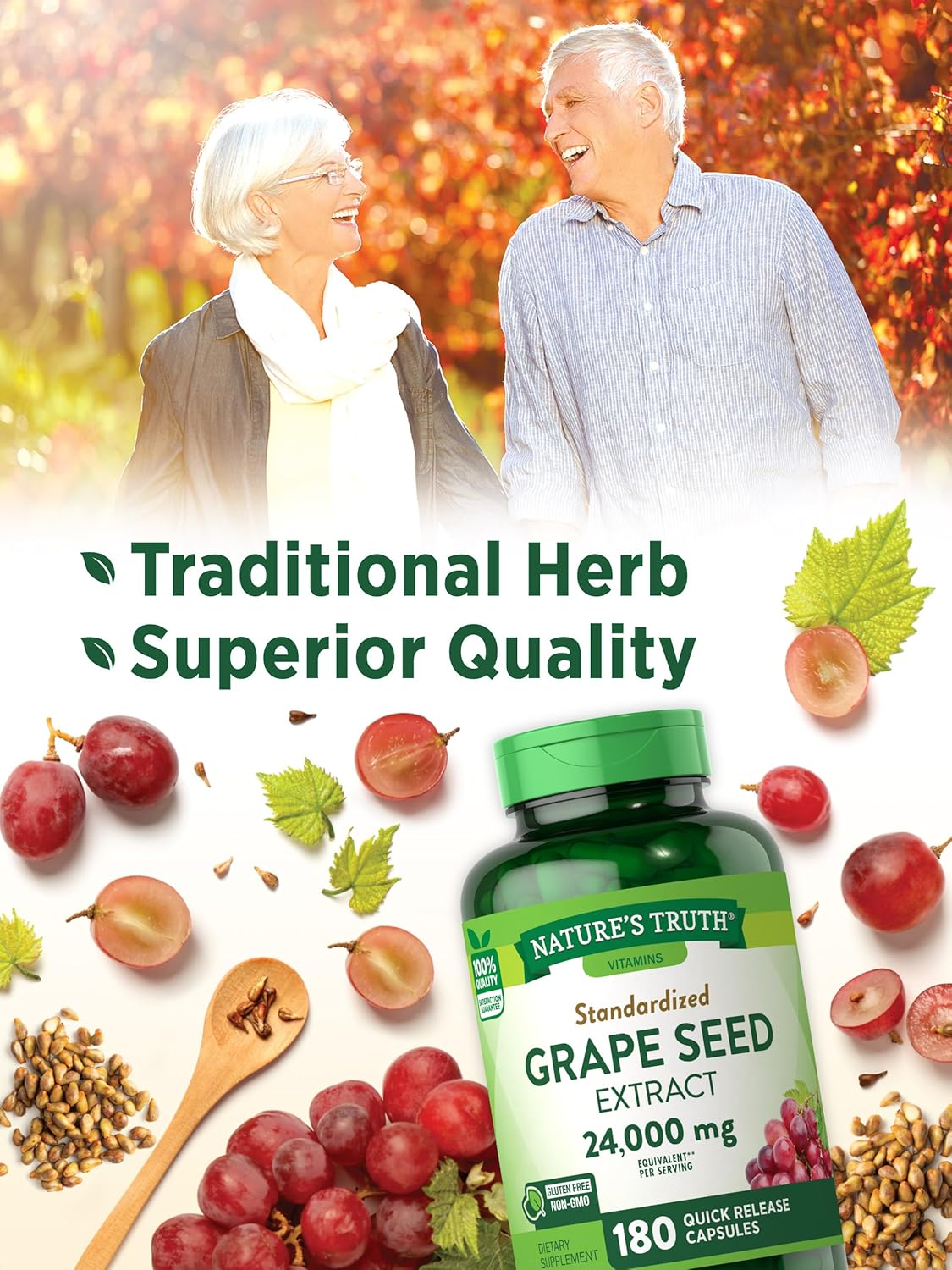 High Potency Grape Seed Extract Capsules - 24,000 mg | 180 Count | Non-GMO & Gluten Free Formula | Standardized Supplement
