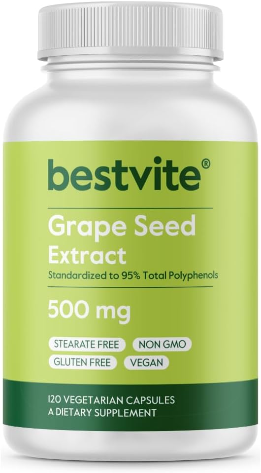 High Potency Grape Seed Extract Capsules - 500mg (120 Vegan Caps) - Non-Stearate Formula - 95% Polyphenol Concentration