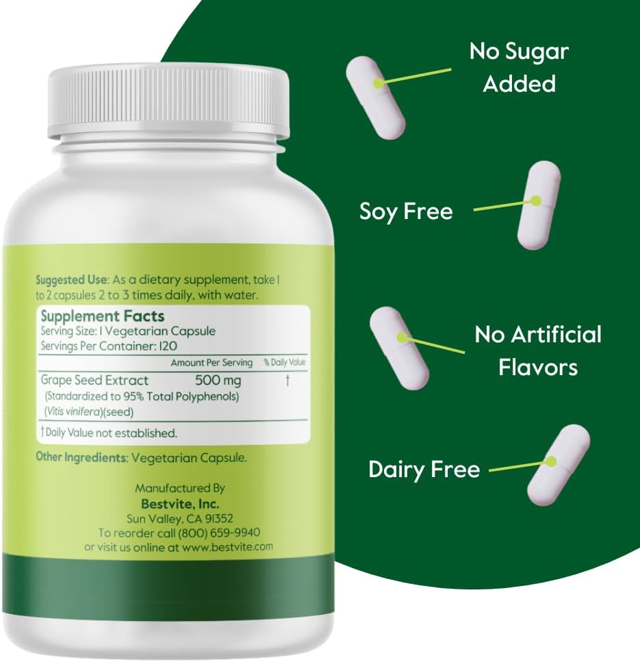 High Potency Grape Seed Extract Capsules - 500mg (120 Vegan Caps) - Non-Stearate Formula - 95% Polyphenol Concentration