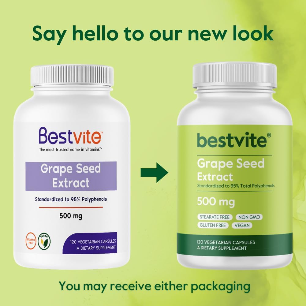 High Potency Grape Seed Extract Capsules - 500mg (120 Vegan Caps) - Non-Stearate Formula - 95% Polyphenol Concentration