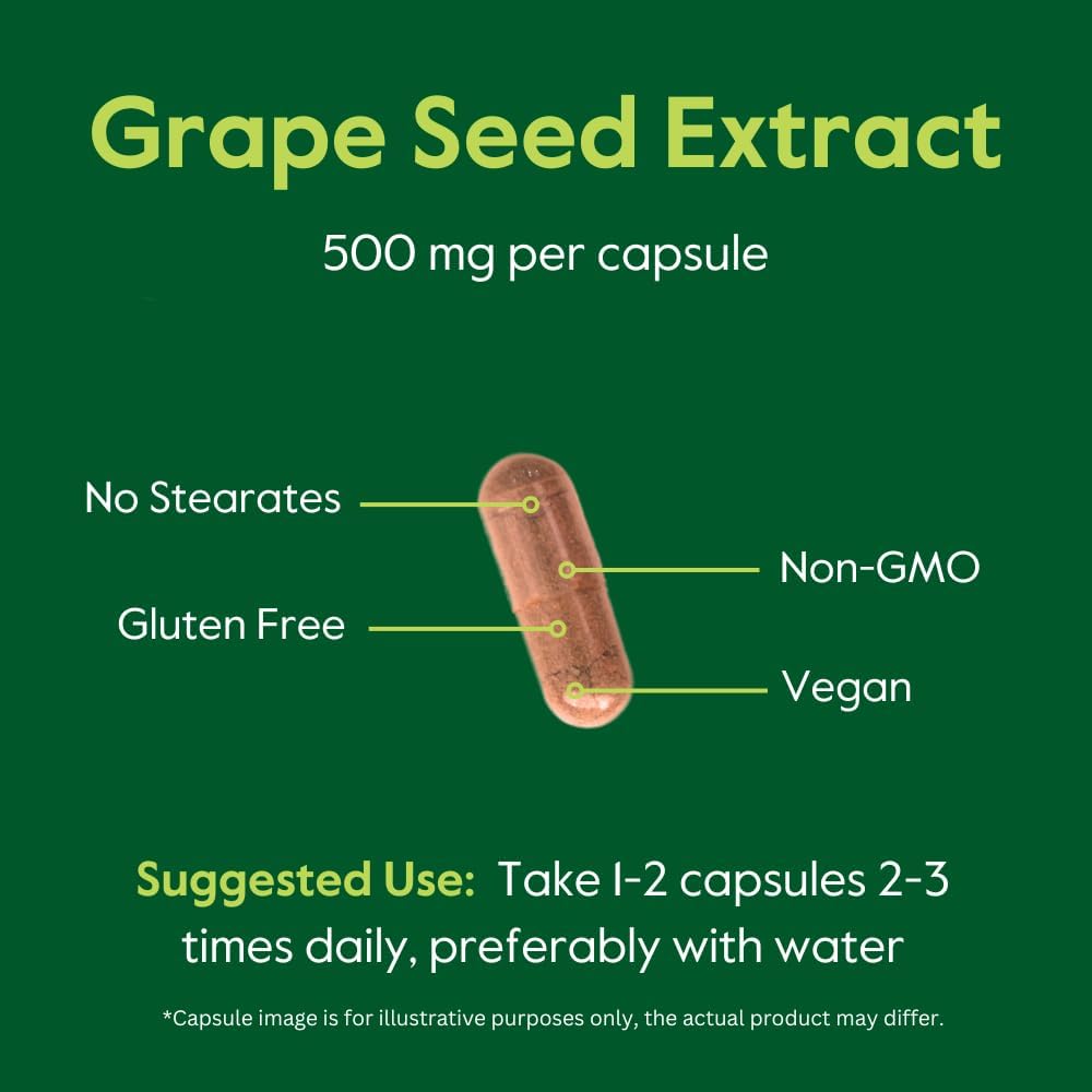 High Potency Grape Seed Extract Capsules - 500mg (120 Vegan Caps) - Non-Stearate Formula - 95% Polyphenol Concentration