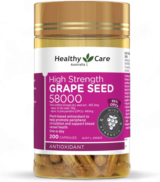 High Potency Grape Seed Extract Capsules - 58000 Strength, 200 Count - Antioxidant Supplement for Wellness and Immune Support