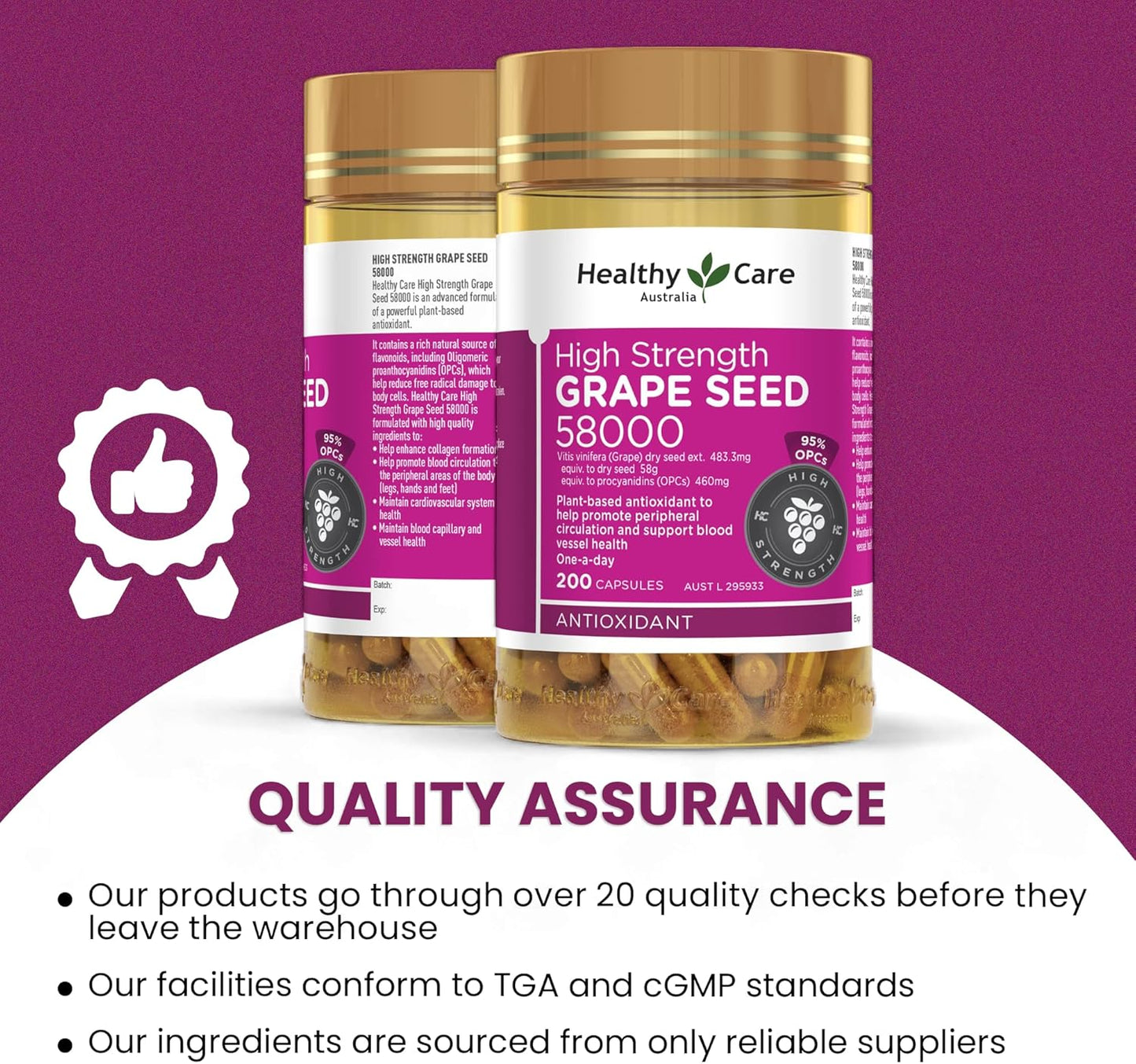 High Potency Grape Seed Extract Capsules - 58000 Strength, 200 Count - Antioxidant Supplement for Wellness and Immune Support