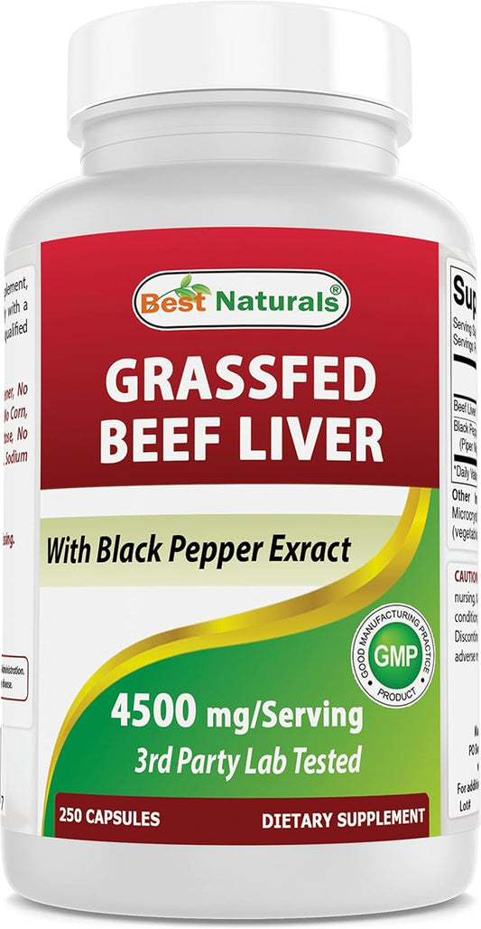 High Potency Grass-Fed Beef Liver Capsules 4500mg - 250 Count - Natural Desiccated Supplement with Black Pepper Extract - Energy, Detox, Digestion, Immunity Boost - Premium Quality Liver Pills