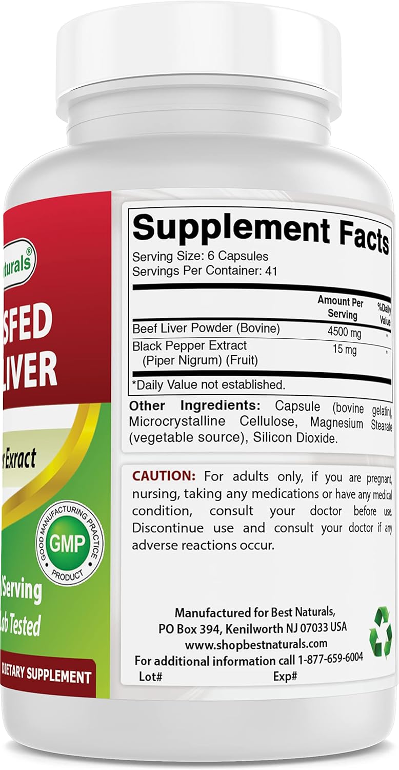 High Potency Grass-Fed Beef Liver Capsules 4500mg - 250 Count - Natural Desiccated Supplement with Black Pepper Extract - Energy, Detox, Digestion, Immunity Boost - Premium Quality Liver Pills