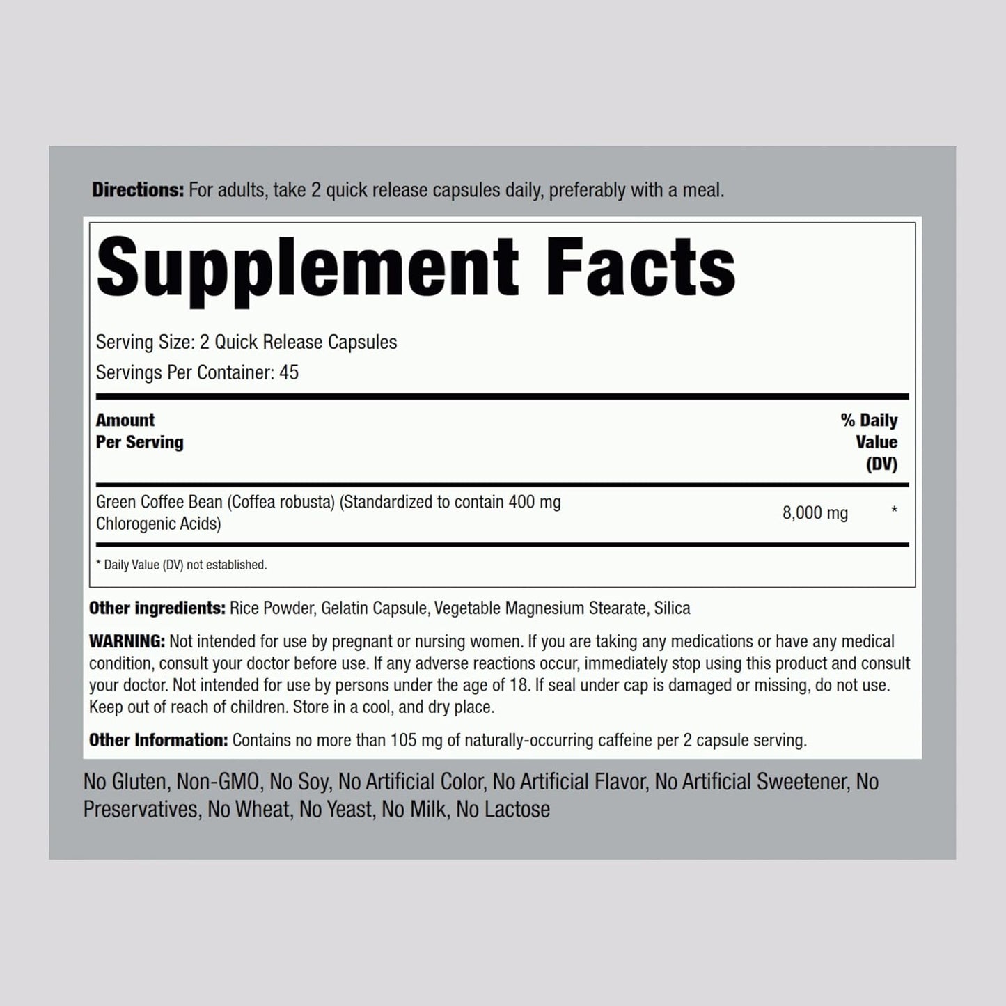 High Potency Green Coffee Bean Extract Capsules - 8000 mg | 90 Count | Non-GMO, Gluten Free Dietary Supplement