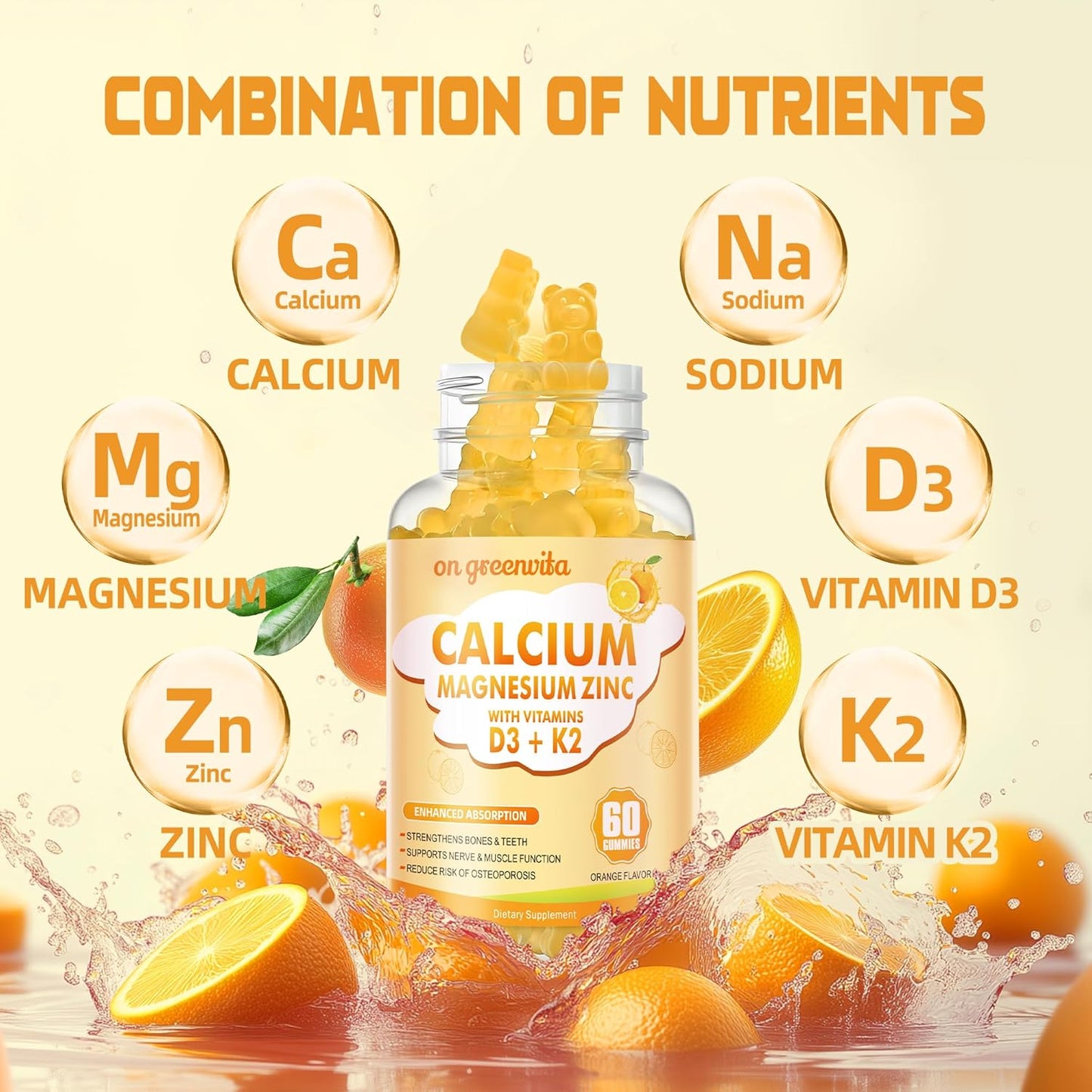 High Potency Greenvita Calcium Magnesium Zinc Gummies with Vitamin D3 & K2 - Enhanced Absorption - 120 Orange Flavored Gummies