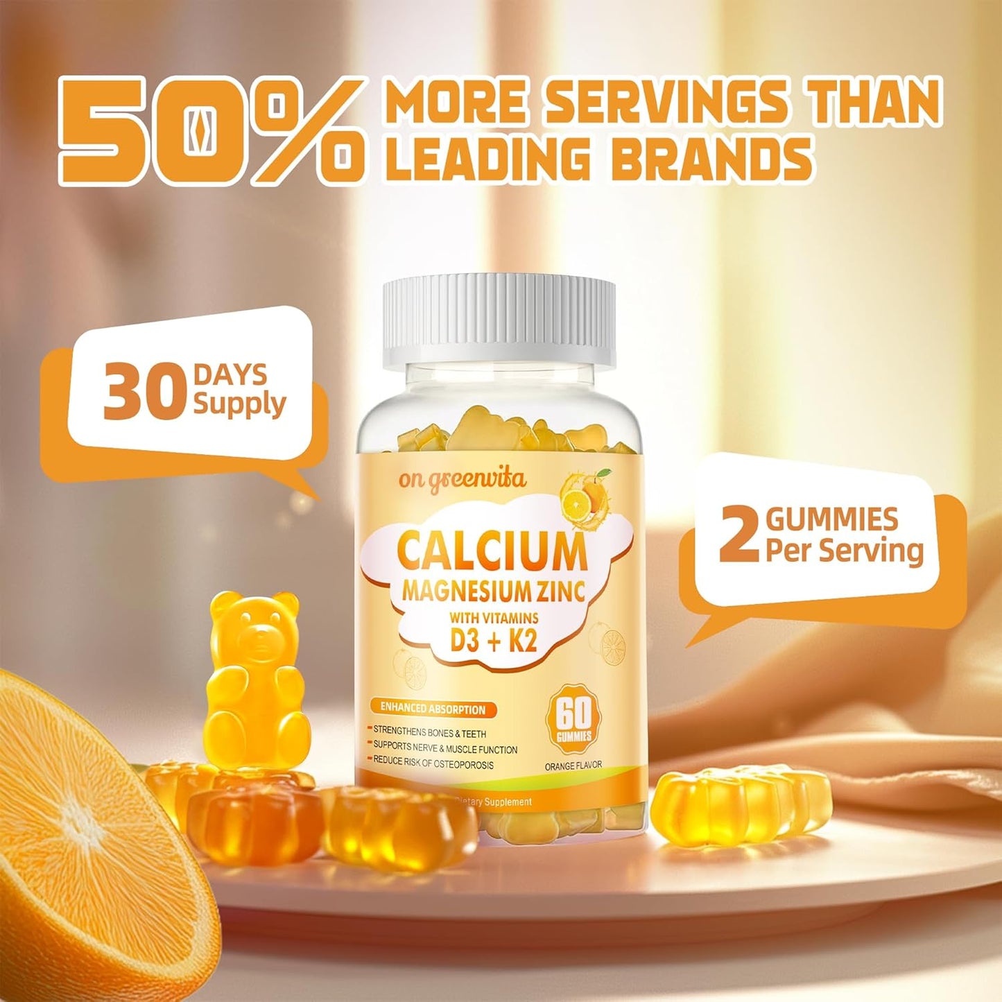 High Potency Greenvita Calcium Magnesium Zinc Gummies with Vitamin D3 & K2 - Enhanced Absorption - 120 Orange Flavored Gummies